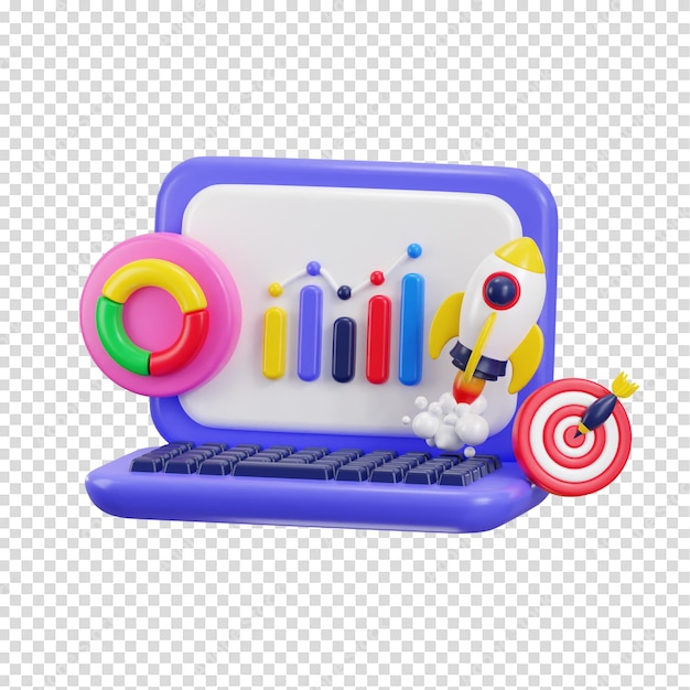 PSD 3d laptop with business graph and target on aim with rocket for business growth icon illustration