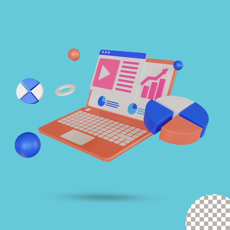 PSD 3d laptop with digital marketing 3d illustration