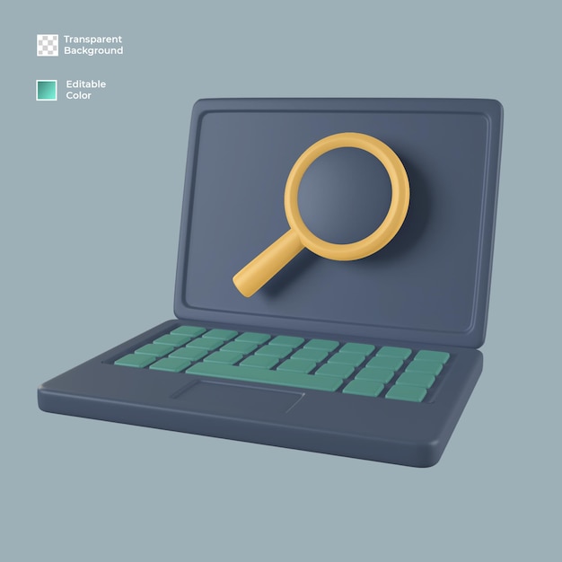 PSD 3d laptop with search icon render isolated