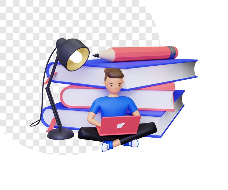 3D обучение с мужским персонажем, сидящим перед стопкой книг