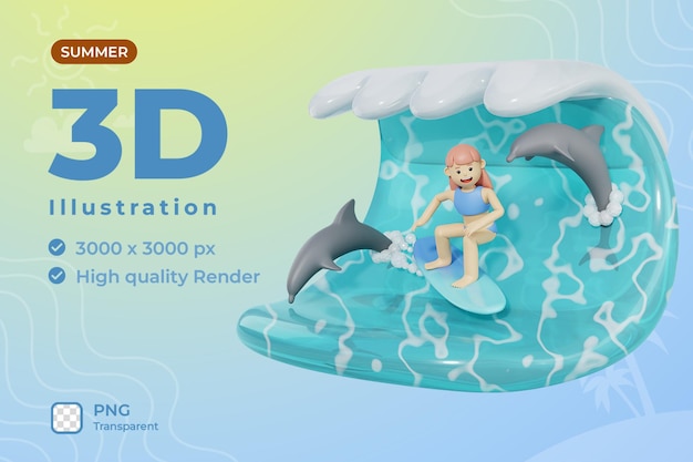 3d Letnia Dziewczyna Ilustracja Fala Surfing