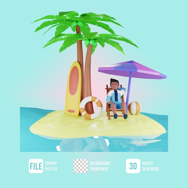 3d letnia męska postać siedząca zrelaksowana z plażową ilustracją