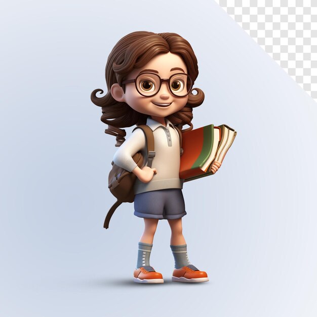 3D leuke cartoon brunette schoolmeisje met rugzak en leerboeken geïsoleerd op een witte achtergrond