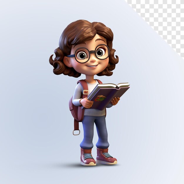 3D leuke cartoon brunette schoolmeisje met rugzak en leerboeken geïsoleerd op een witte achtergrond