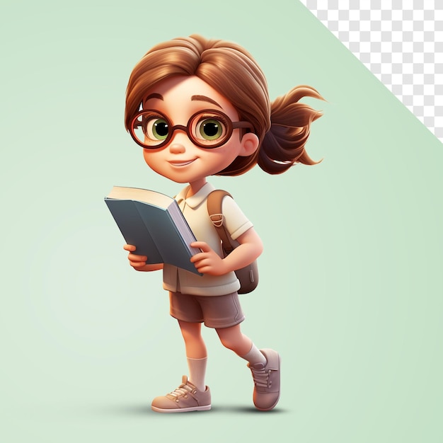 3D leuke cartoon brunette schoolmeisje met rugzak en leerboeken geïsoleerd op een witte achtergrond