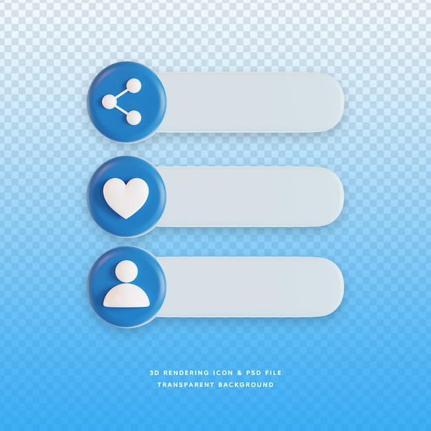 PSD 3d like share and follow icon or button 3d rendering