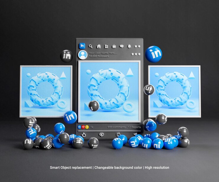 PSD 3d-макет поста linkedin на темном фоне или 3d-макет поста в социальных сетях