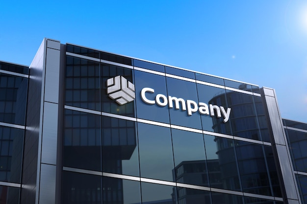 PSD 3d logo mockup on black modern building glass