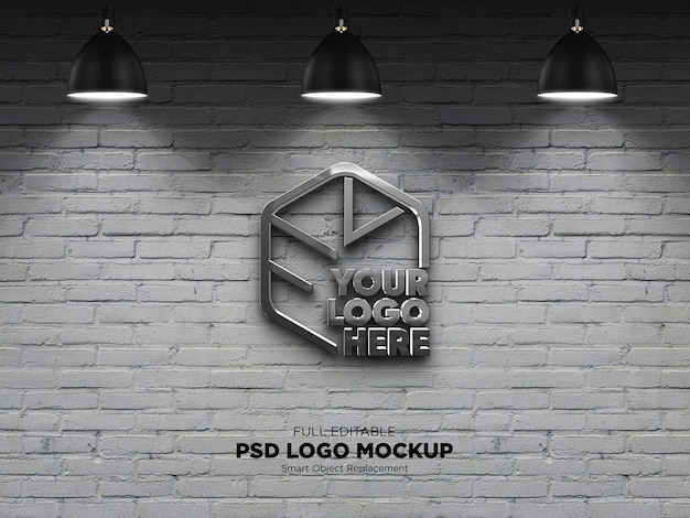 Mockup logo 3d sul muro di mattoni sotto la luce della lampada