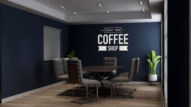 3d logo mockup in the cafe or coffee shop meeting room