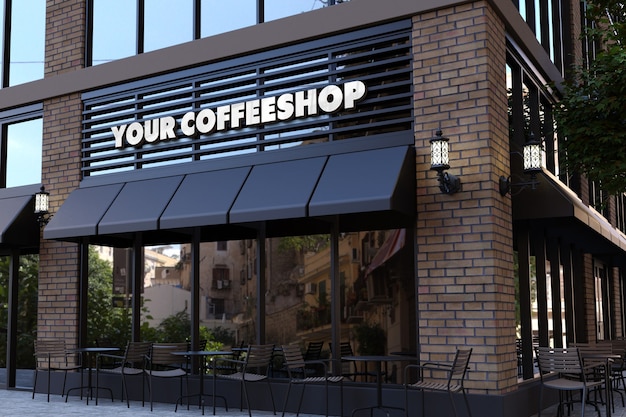 3d logo mockup on coffee shop facade sign