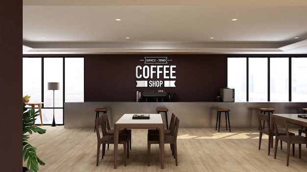 PSD 3d logo mockup in coffee shop or restaurant with modern interior design