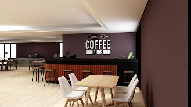 Modello di logo 3d in caffetteria o ristorante con interni dal design moderno