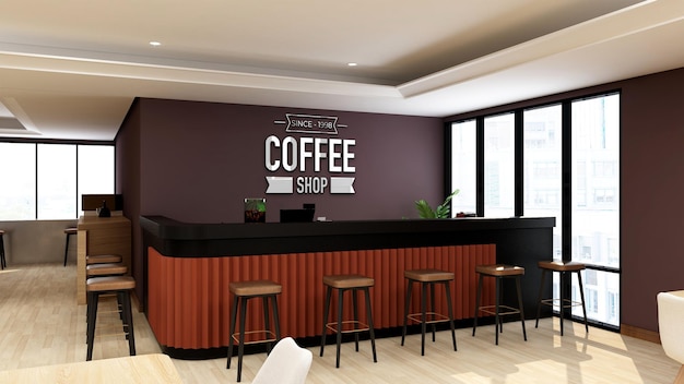 3d logo mockup in coffee shop or restaurant with modern interior design