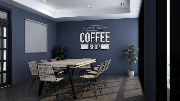 3d макет логотипа в конференц-зале кофейни