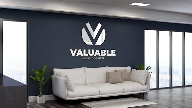 3d logo mockup in modern office lobby waiting room with sofa