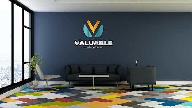 PSD mockup di logo 3d nella sala d'attesa dell'ingresso dell'ufficio moderno