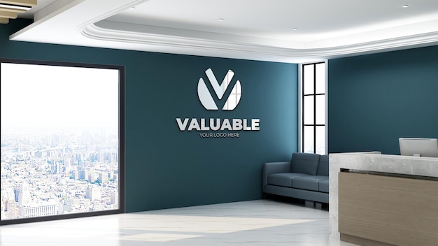 PSD 3d logo mockup in modern office lobby waiting room