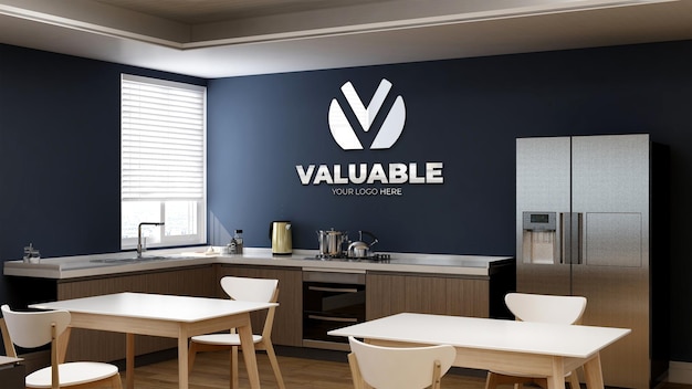 3d logo mockup in office kitchen or pantry with table for lunch