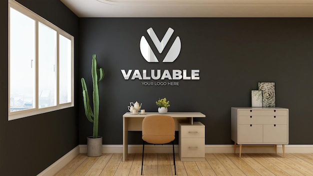 3d logo mockup in office manager room with cactus