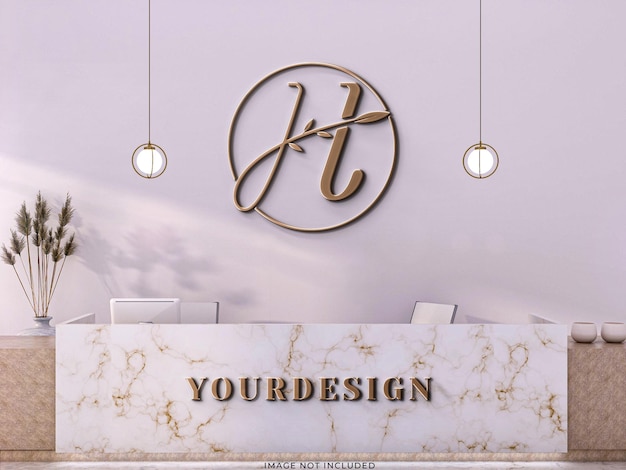 3d-logo mockup op muur en marmeren receptie