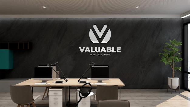 PSD mockup di logo 3d nel posto di lavoro di wall office