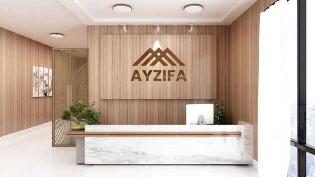 3d logo mockup on wooden receptionist office