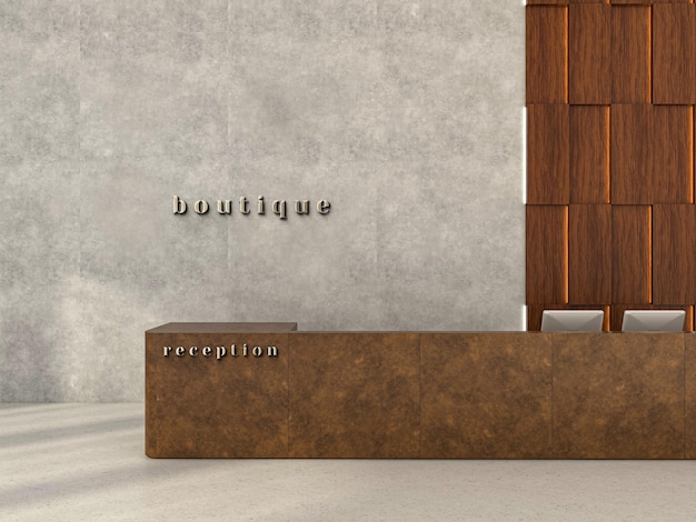 PSD 3d-мокет логотипа на цементной стене и мраморном приемном столе
