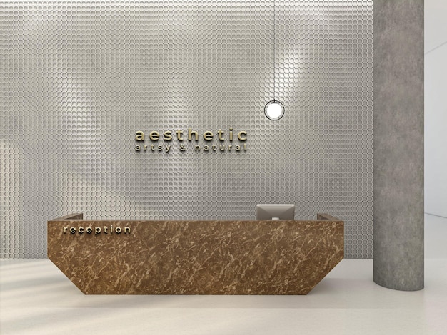 3d-мокет логотипа на декоративной стене и мраморном приемном столе