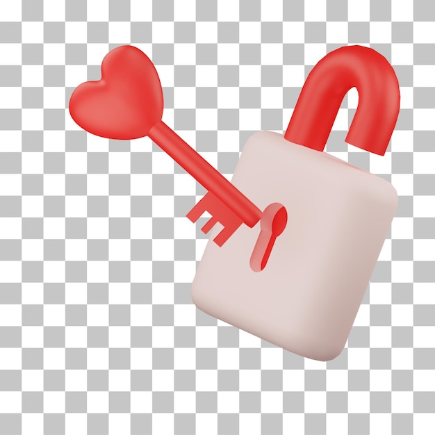 PSD 3d  love key and padlock illustration for romantic concept