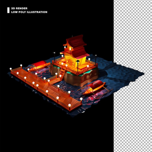 PSD 3d low poly illustration wood house on the ocean from isometric view
