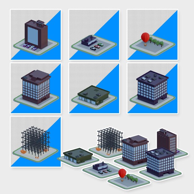 PSD 3d lowpoly isometrical buildings set zonder achtergrond