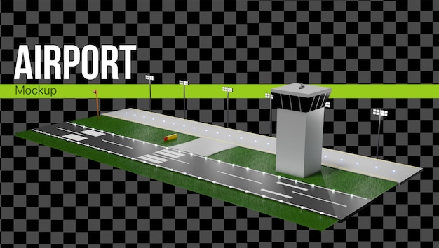 3D-luchthaven met landingsbaan en luchtverkeersleiding