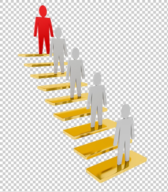 PSD 3d ludzie stoją na schodach na najwyższym stopniu jest czerwony mężczyzna koncepcje biznesowe izolowane na przezroczystym psd