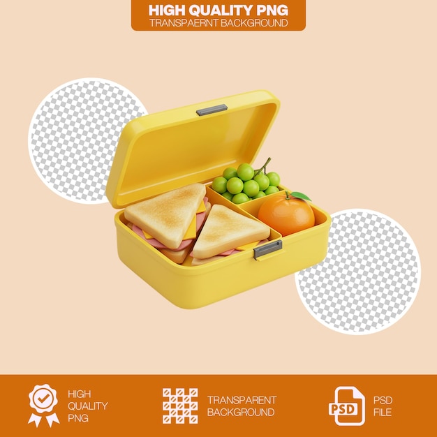 3d lunch box with sandwiches and fruit isolated on transparent background high quality psd file