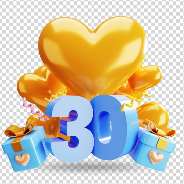 3d luxury 30th anniversary illustration concept rendering with heart balloon