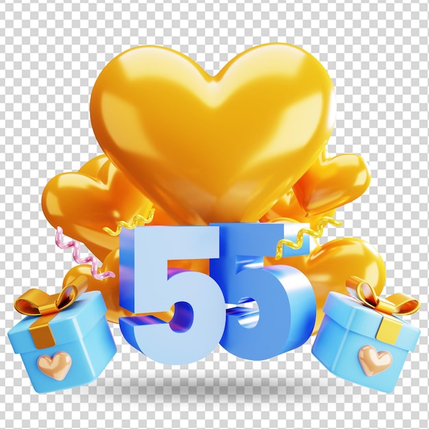 3d luxury 55th anniversary illustration concept rendering with heart balloon