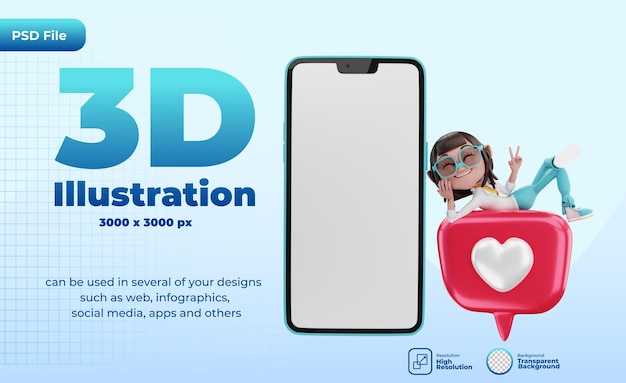 3D лежит на любви с мобильным телефоном