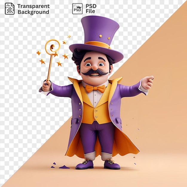 3d magician cartoon performing tricks with a wooden stick wearing a purple hat and bow tie and holding a blue and purple hand