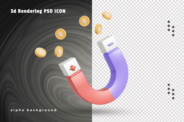 PSD 3d значок магнита, изображающий фиолетовый и красный символ притяжения минимализма на иллюстрации money 3d