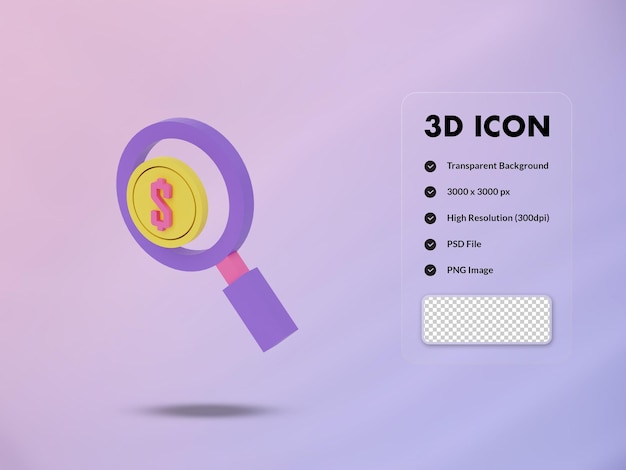 3D拡大鏡と1ドル硬貨のアイコン3Dレンダリングの図