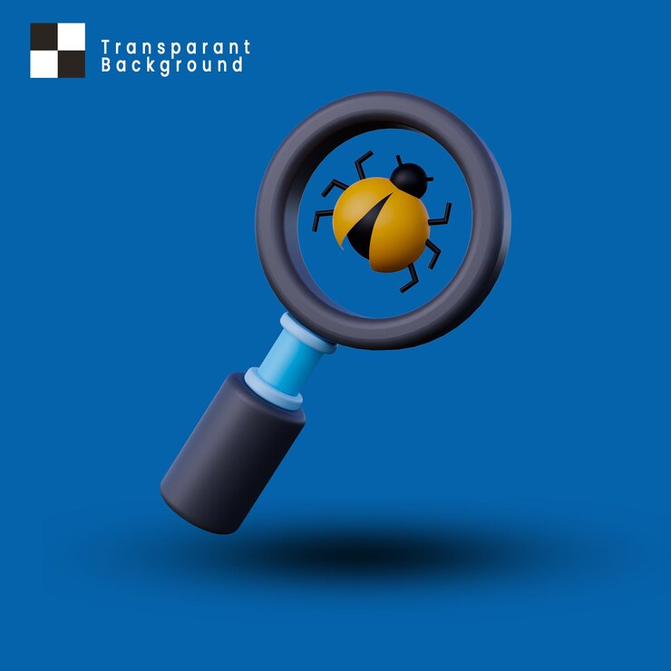 PSD 3d magnifying glass with bug in the center isolated icon