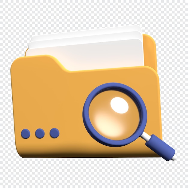 3D-увеличительное стекло и желтая папка с файлами Концепция поиска документов Папка поиска в 3D-рендеринге 3D-рендеринг иллюстрации