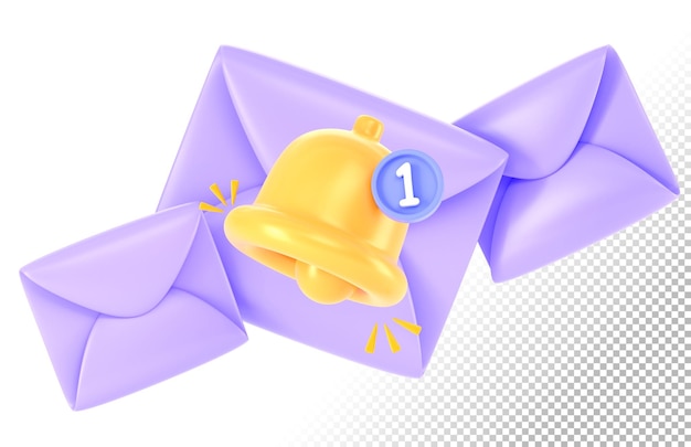 PSD buste di posta 3d con campana concetto di messaggio di posta elettronica notifica newsletter rendering 3d icone dei cartoni animati lettere di carta viola con avviso giallo isolato su sfondo bianco