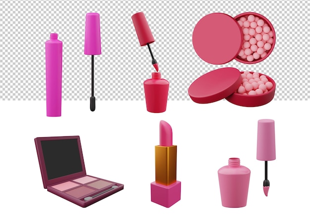 3D makeup illustrations collection on white 3d illustration of pomade powder mirror mascara nail polish