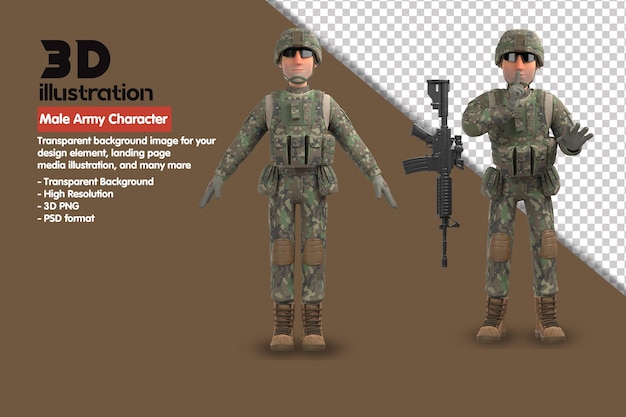 PSD 3d male army character 3d render character. 3d rendering psd