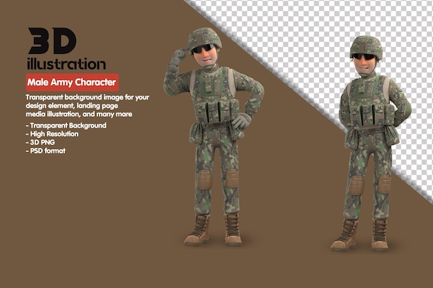 PSD 3d male army character 3d render character. 3d rendering psd