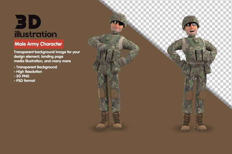 PSD 3d мужской армейский персонаж 3d render character. 3d визуализация psd