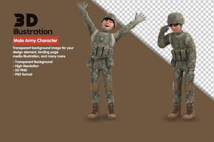 PSD 3d мужской армейский персонаж 3d render character. 3d визуализация psd