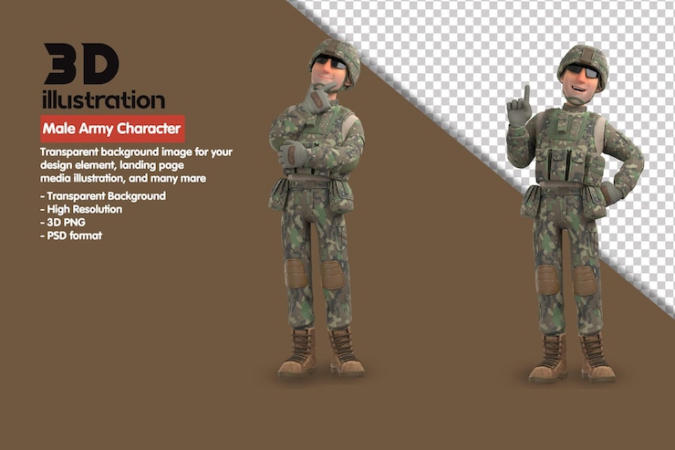 PSD 3d мужской армейский персонаж 3d render character. 3d визуализация psd